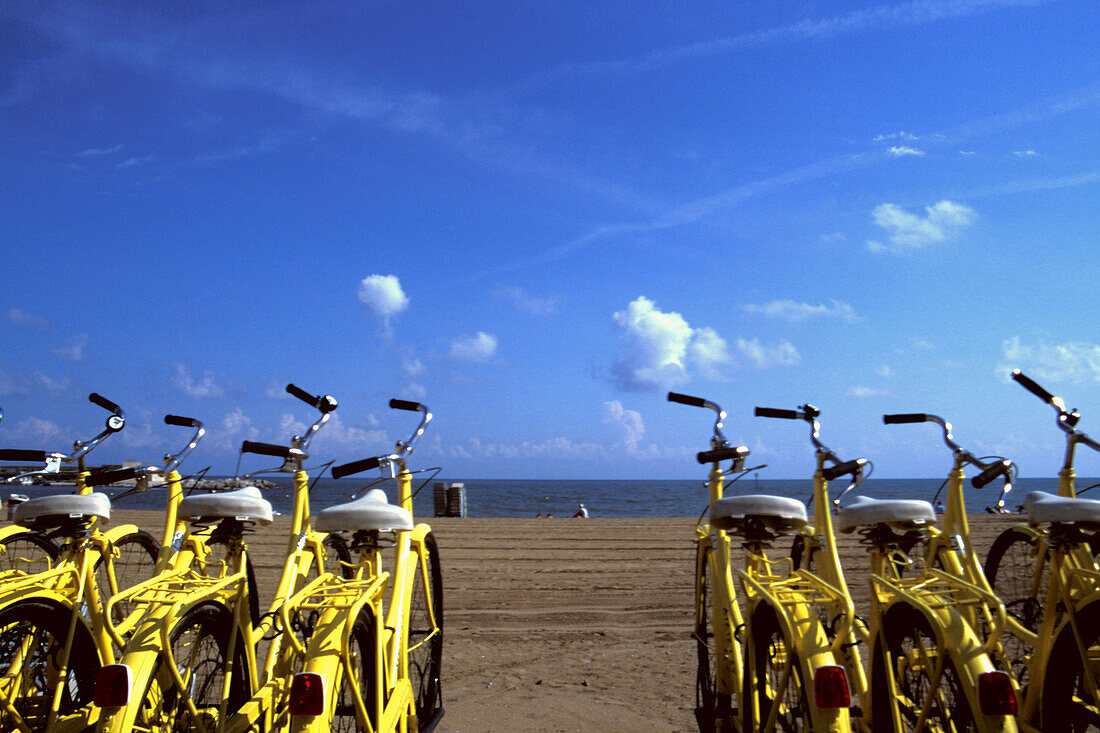 Rental bikes on the beach, Playa Barceloneta, Barceloneta, Barcelona, Spain