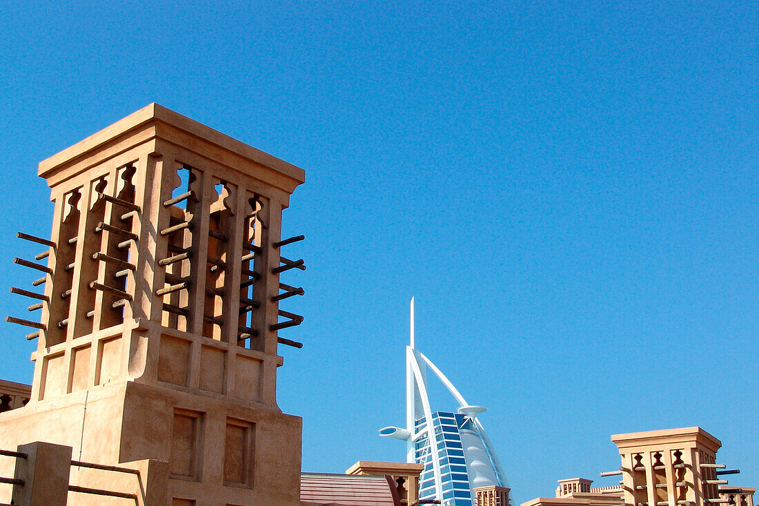 Burj al Arab hotel and wind towers in the sunlight, Dubai, UAE, United Arab Emirates, Middle East, Asia