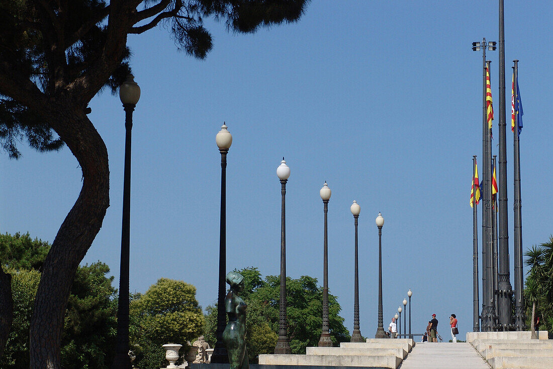 Street lamps and flagpoles at Palau Nacional, Barcelona, Spain, Europe