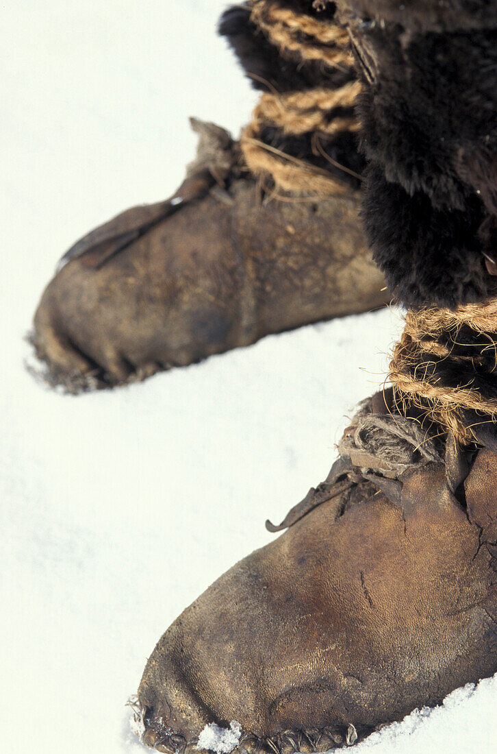 Hiker wearing fur shoes