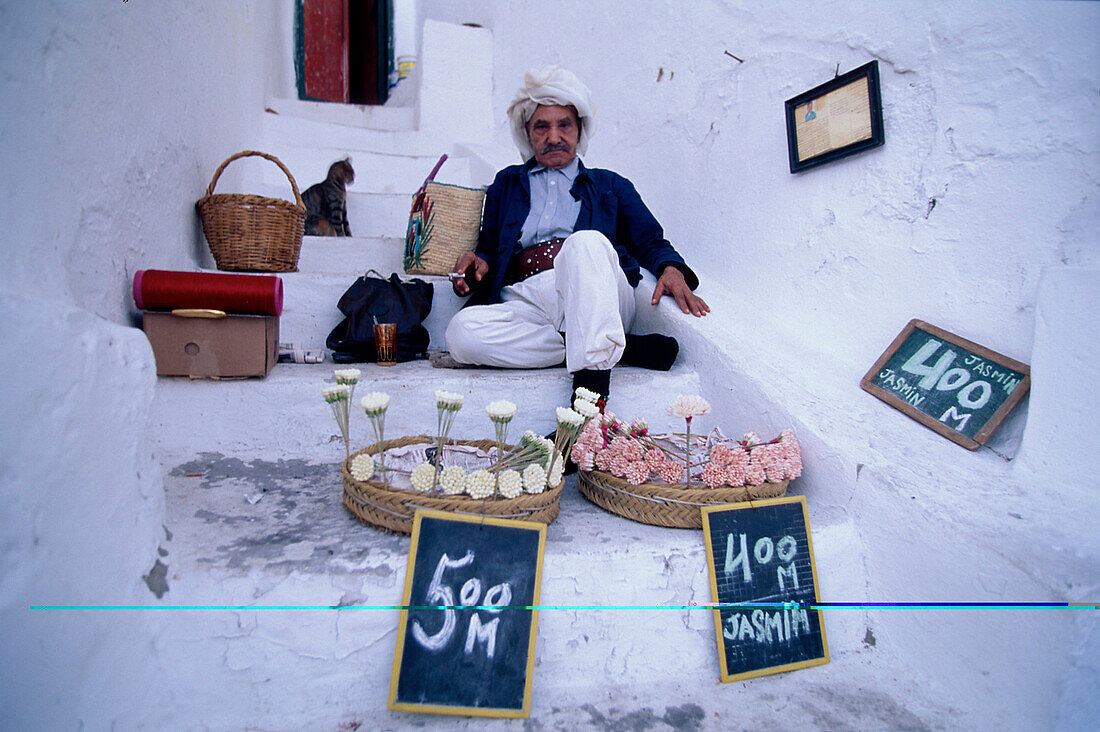 Jasminhändler Mohamed, Sidi Bou Said Tunesien, Afrika