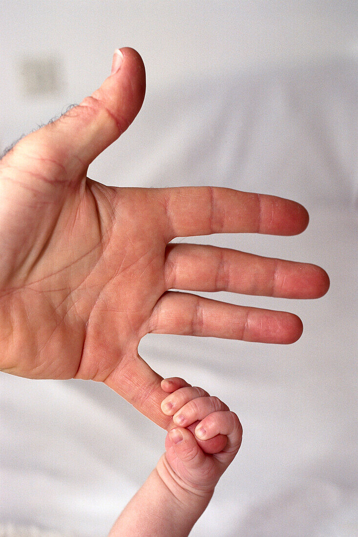 Baby grasping man's finger, close-up