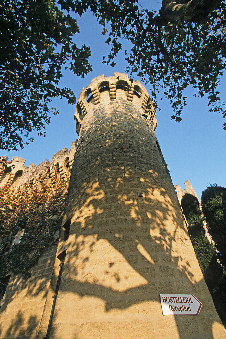 Hotel, Hostellerie sign on a castle tower, Lourmarin, Luberon, Provence, France