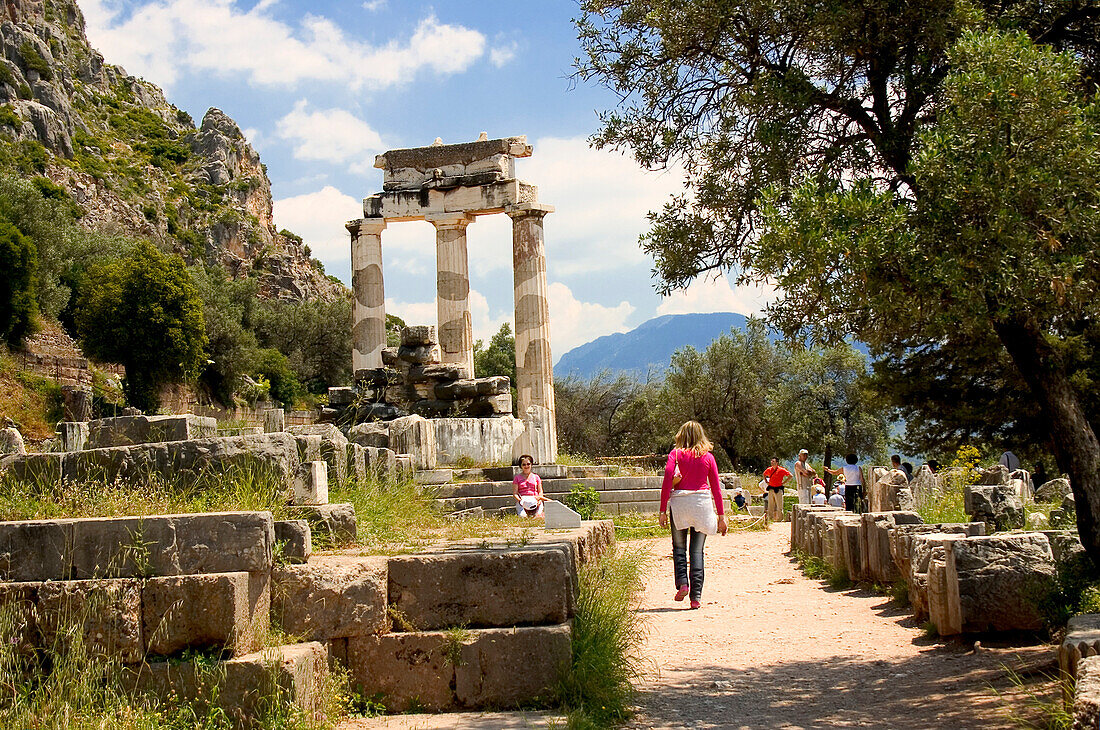 Tholos temple, a circular building in the Athena Pronaia Sanctuary, Delphi, Greece