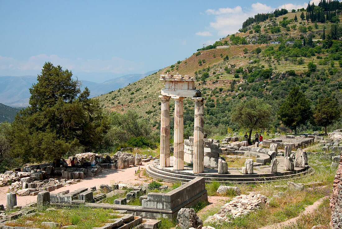 Tholos temple, a circular building in the Athena Pronaia Sanctuary, Delphi, Greece