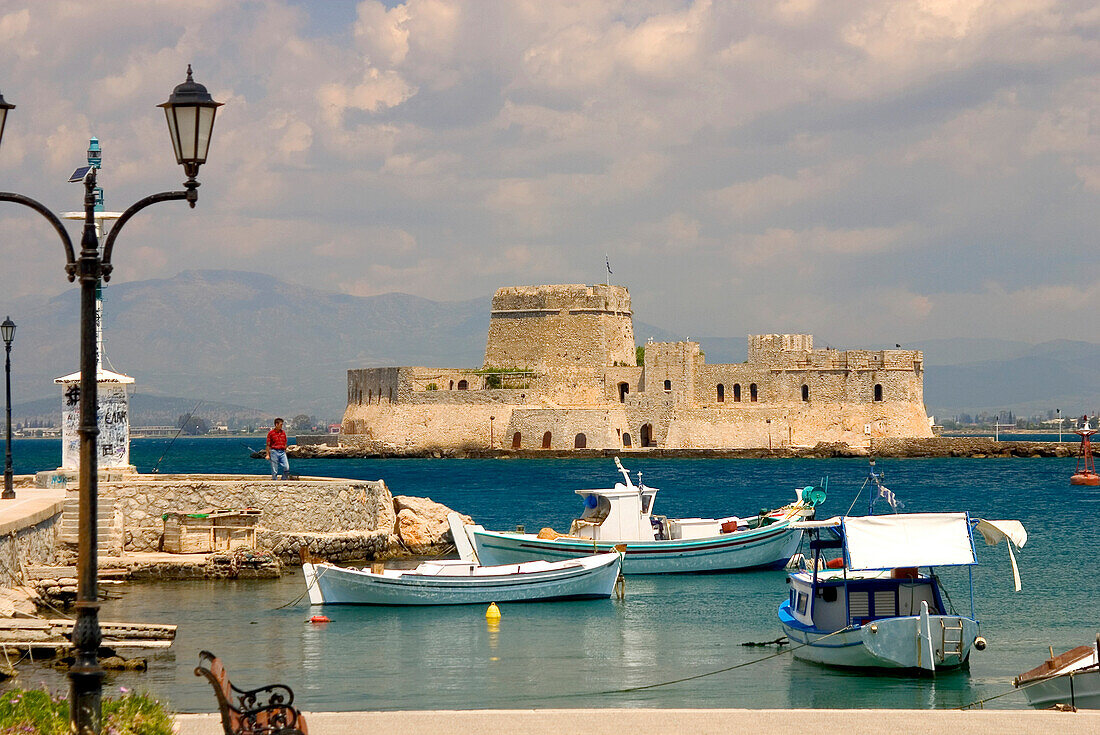 Bourtzi castle in the middle of the harbour of Nafplio, venetian castle, Nafplio, Peloponnese, Greece