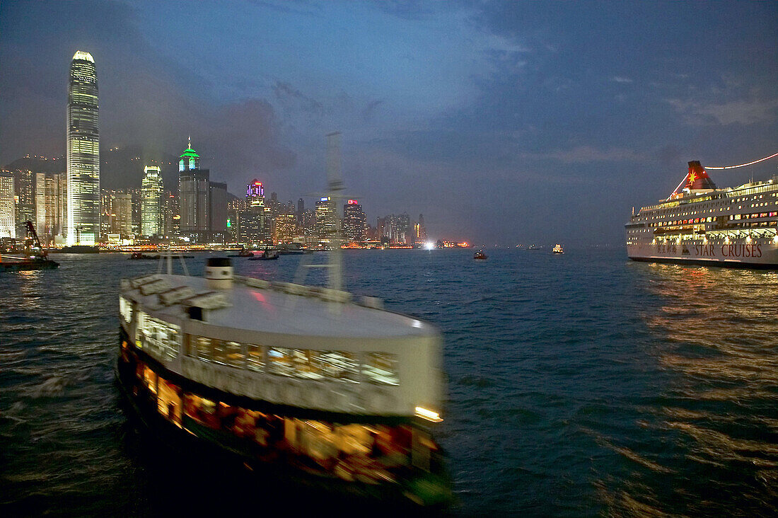 Night view of Victoria Harbour, Star Ferry, Skyline of Hong Kong Island Hongkong, China