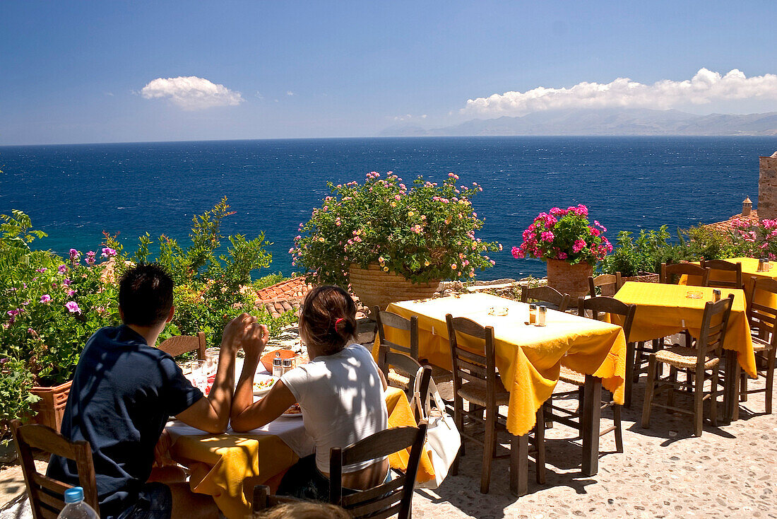 Couple in a Restaurant in Monemvasia, Lakonia, Peloponnese, Greece