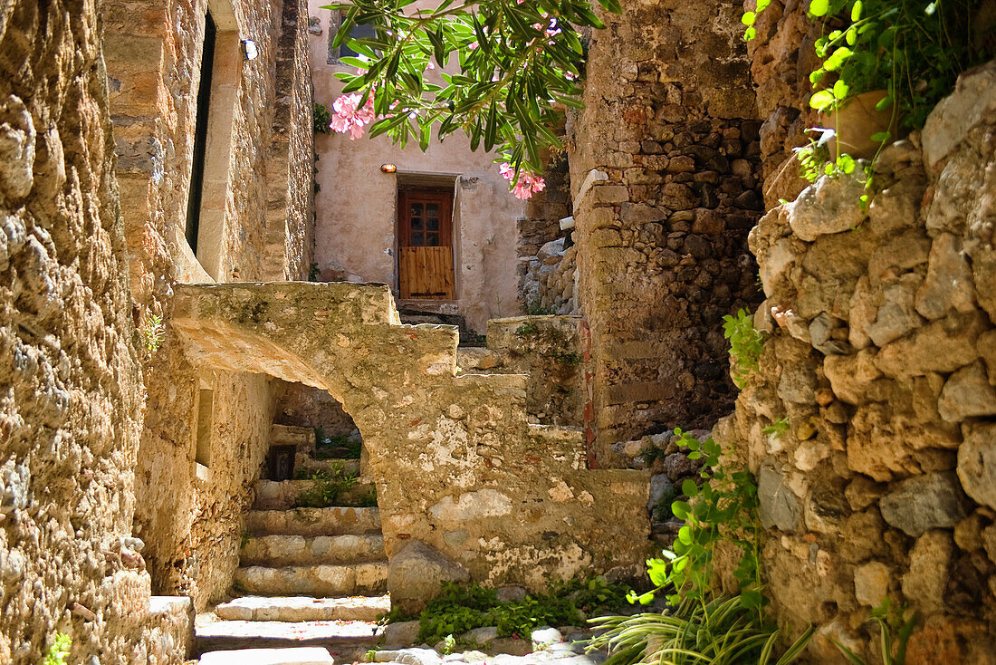 Lane with steps and flowers, Monemvasia, Lakonia, Peloponnese, Greece