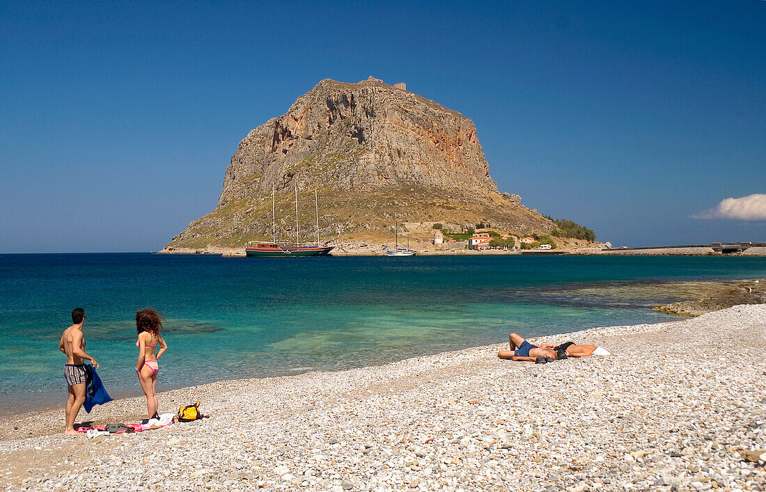 Peninsula and beach of Monemvasia, Lakonia, Peloponnese, Greece