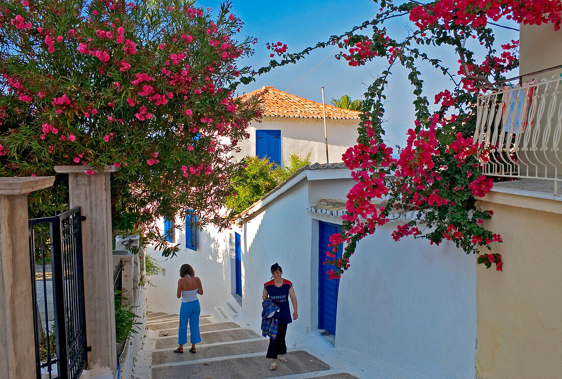 Alley with Bougainvillea in Koroni, Peloponnese, Greece