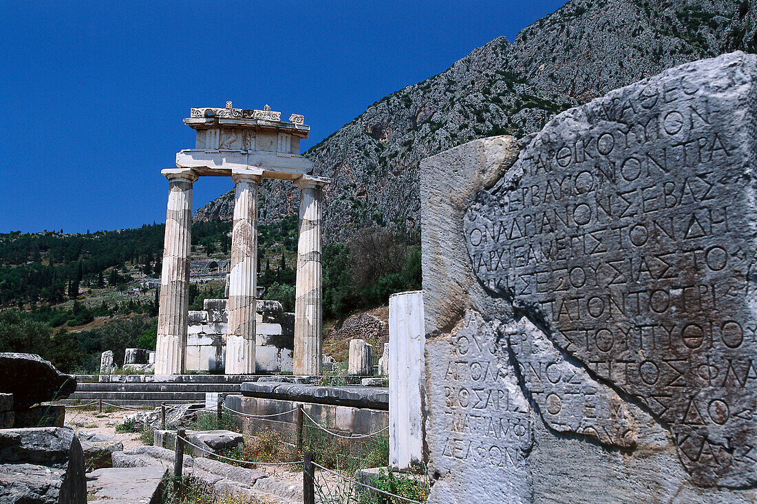 Tholos temple at the sanctuary of Athena Pronaia, was a circular building, Delphi, Greece