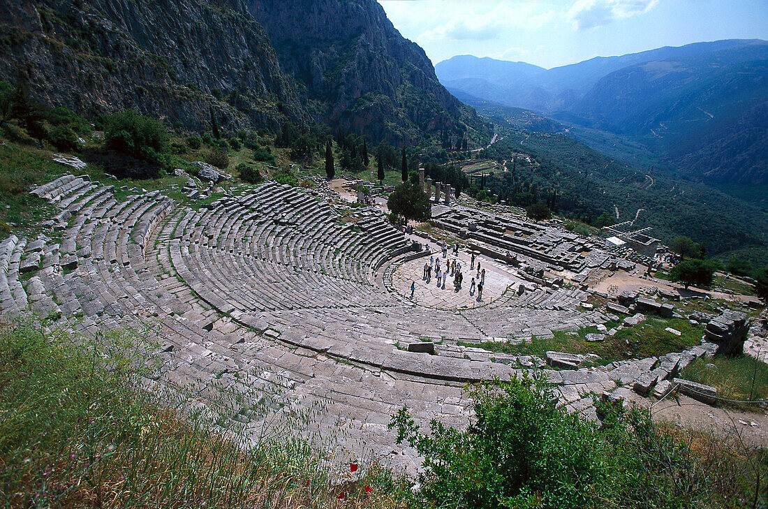 The abcient theatre and Temple of Apollo, Delphi, Peloponnese, Greece