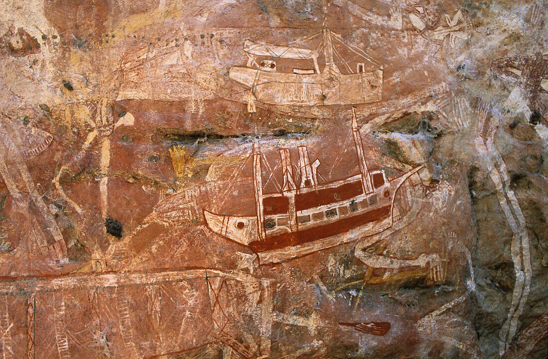 Aboriginal art site, kontakt-period, Australien, Northern Territory, Aboriginal rock art galleries, Davidson Arnhemland Safaris, Mount Borradaile, contact period, painting of an early boat