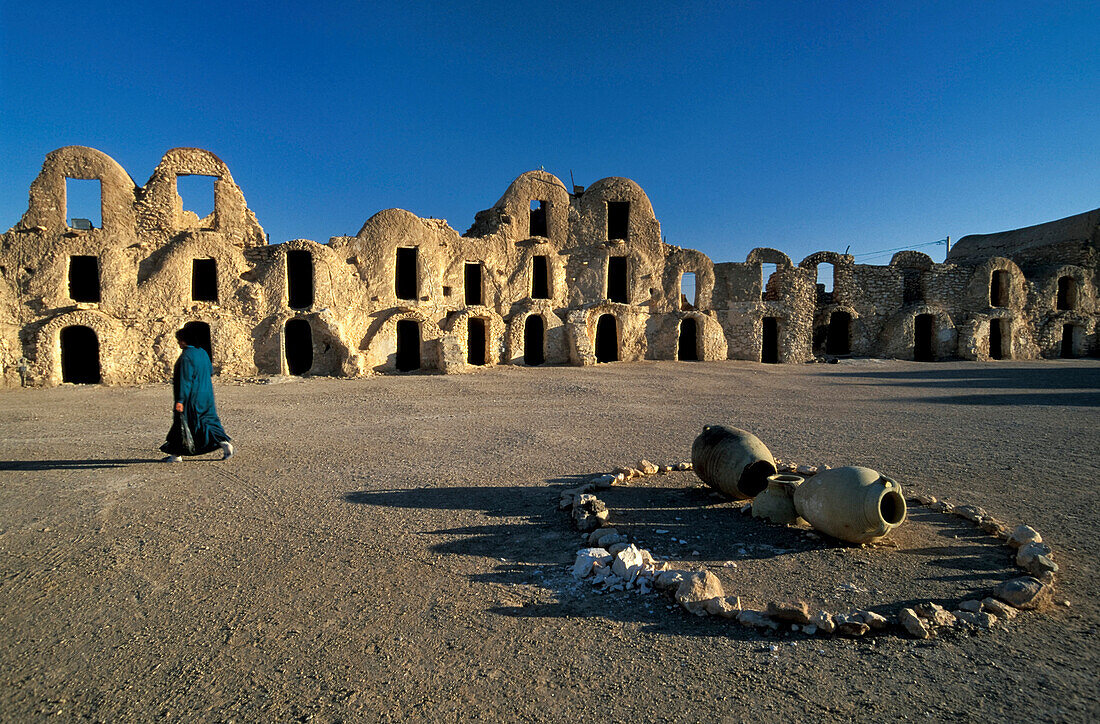 Ghorfas, granaries of the berbers under a blue sky, Tunesia