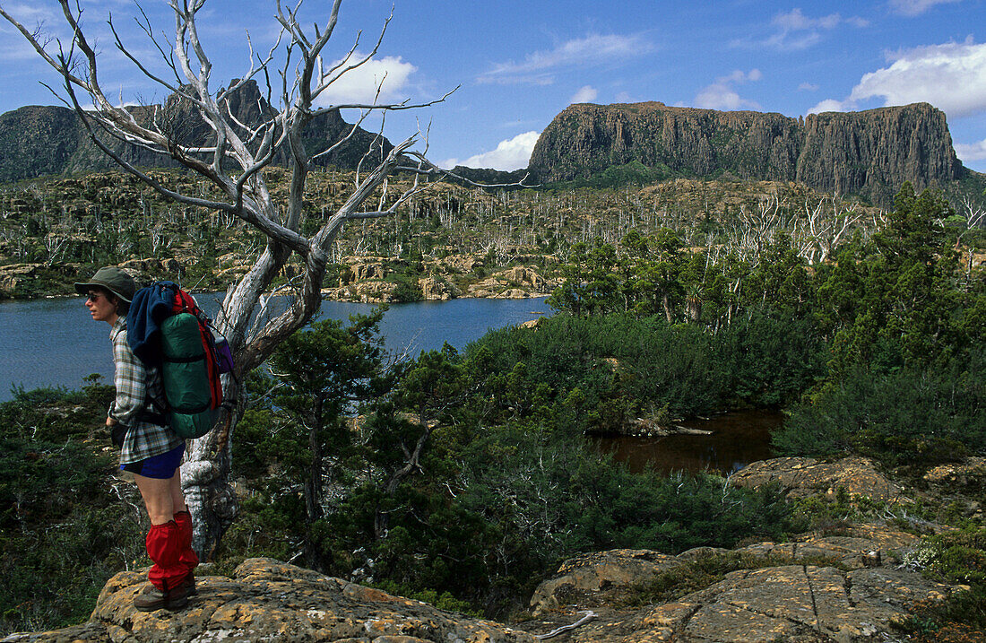 Female backpacker at Lake Elysia in the Labyrinth,  Lake Elysia, Labyrinth, Mount Geryon, walls of the Acropolis, Overland Track, Cradle Mountain-Lake St Clair National Park, Tasmania, Australia
