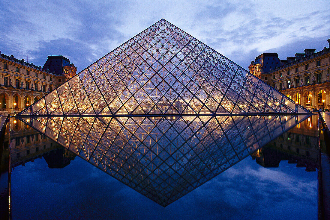 Glass pyramid and Louvre in the evening, Paris, France, Europe