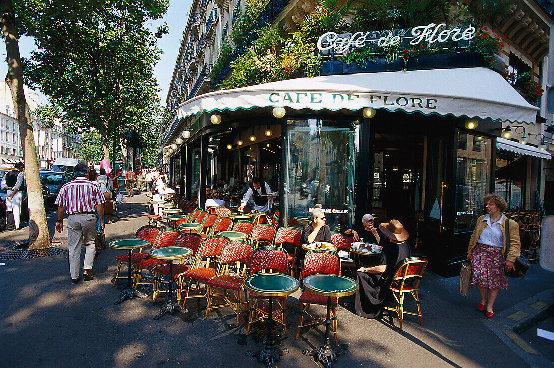 Street cafe in the sunlight, Cafe de Flore, Saint Germain, Paris, France, Europe