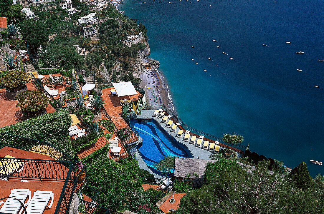 View to the pool of the hotel Le Agavi, Positano, Amalfitana. Campania, Italy