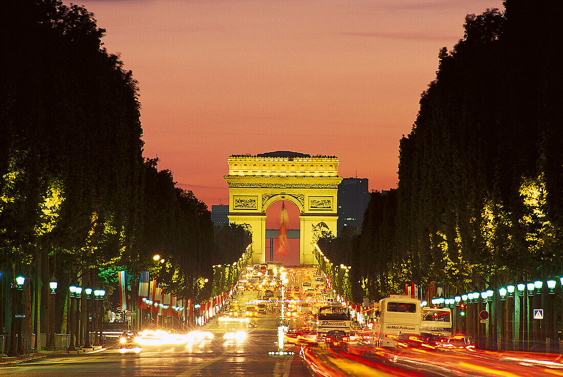 Triumphal arch and Champs Elysees in the evening, Paris, France, Europe