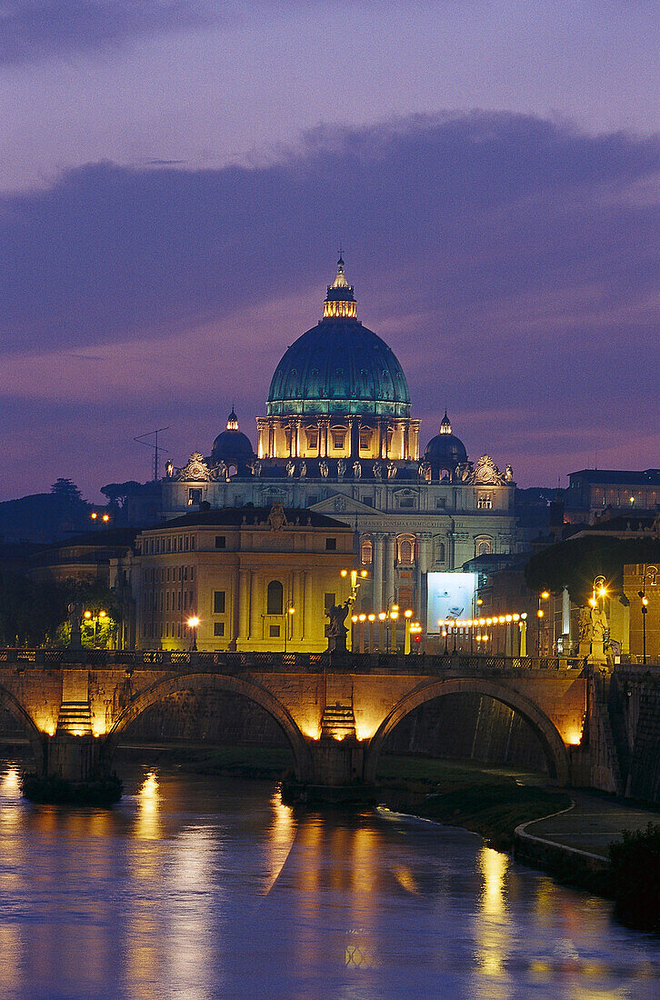 Castel Sant Angelo, bridge Sant Angelo and St. Peter's basilica in the evening, Rome, Italy, Europe