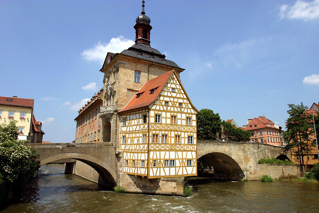 View of the old town hall at Regnitz river, Bamberg, Bavaria, Germany, Europe