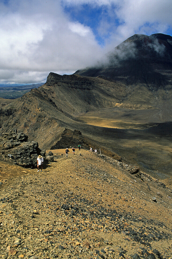 Menschen auf dem Tongariro Crossing Wanderweg in vulkanischer Landschaft, Tongariro Nationalpark, Nordinsel, Neuseeland, Ozeanien