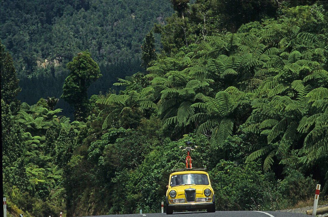 Gelbes Auto mit Fahrrad auf dem Dach, Coromandel, Nordinsel, Neuseeland