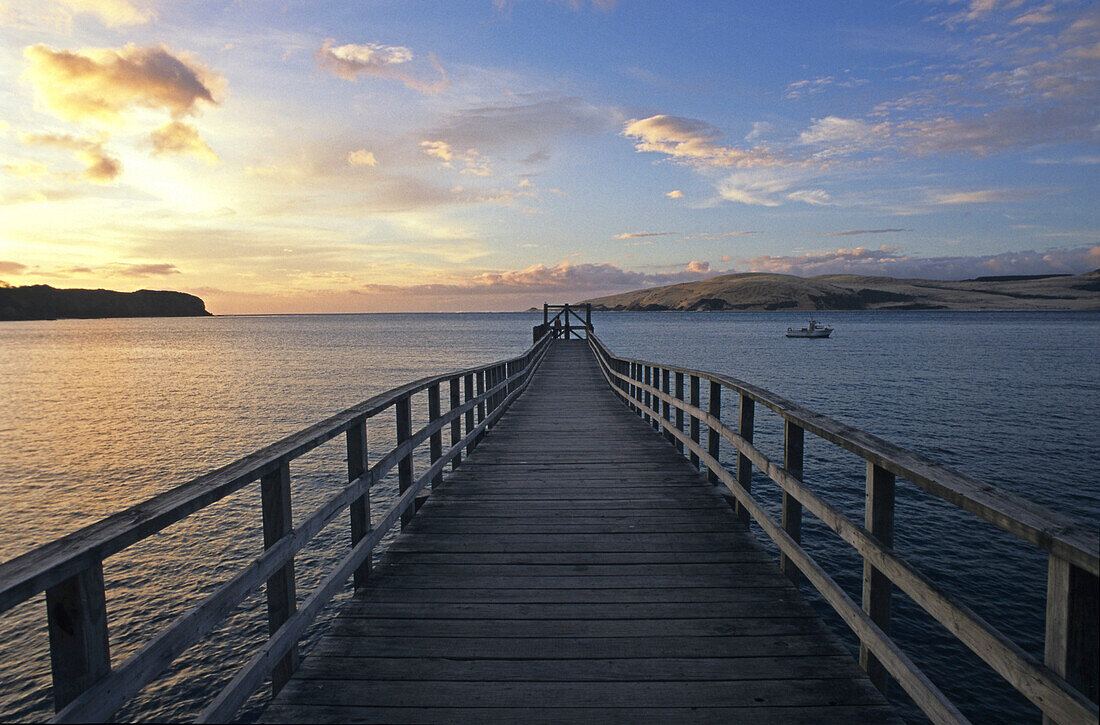 Jetty, wharf, Steg, Sunset, wooden jetty stretches out over the water at sunset, Hokianga Harbour entrance, west coast North Island