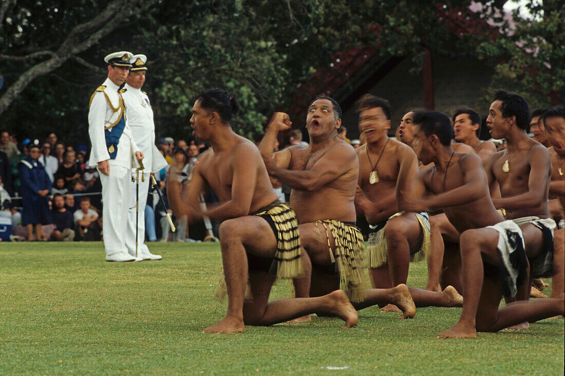 Haka, Prince Charles, Waitangi Day, Maoris at Waitangi Day, perform Haka ceremony for Prince Charles, Maori men, traditional dance performance, war dance