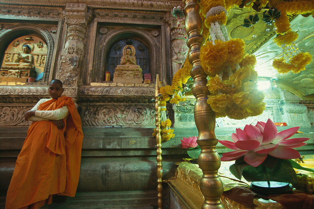Monk inside a temple, Bodhgaya, Bihar, India, Asia