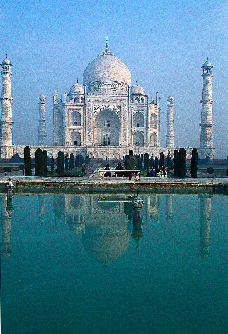 Reflection in the water basin in front of the Taj Mahal, Agra, Uttar Pradesh, India, Asia