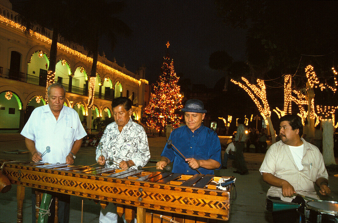 Marimbam musicans in front of the City Hall at christmas at night, Veracruz, Mexico, America