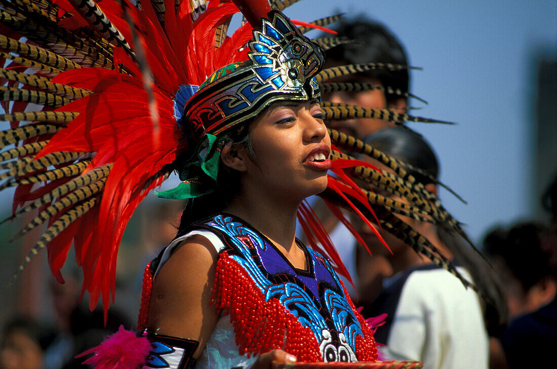 Actec dancer wearing feather decor, Mexico City, Mexico, America