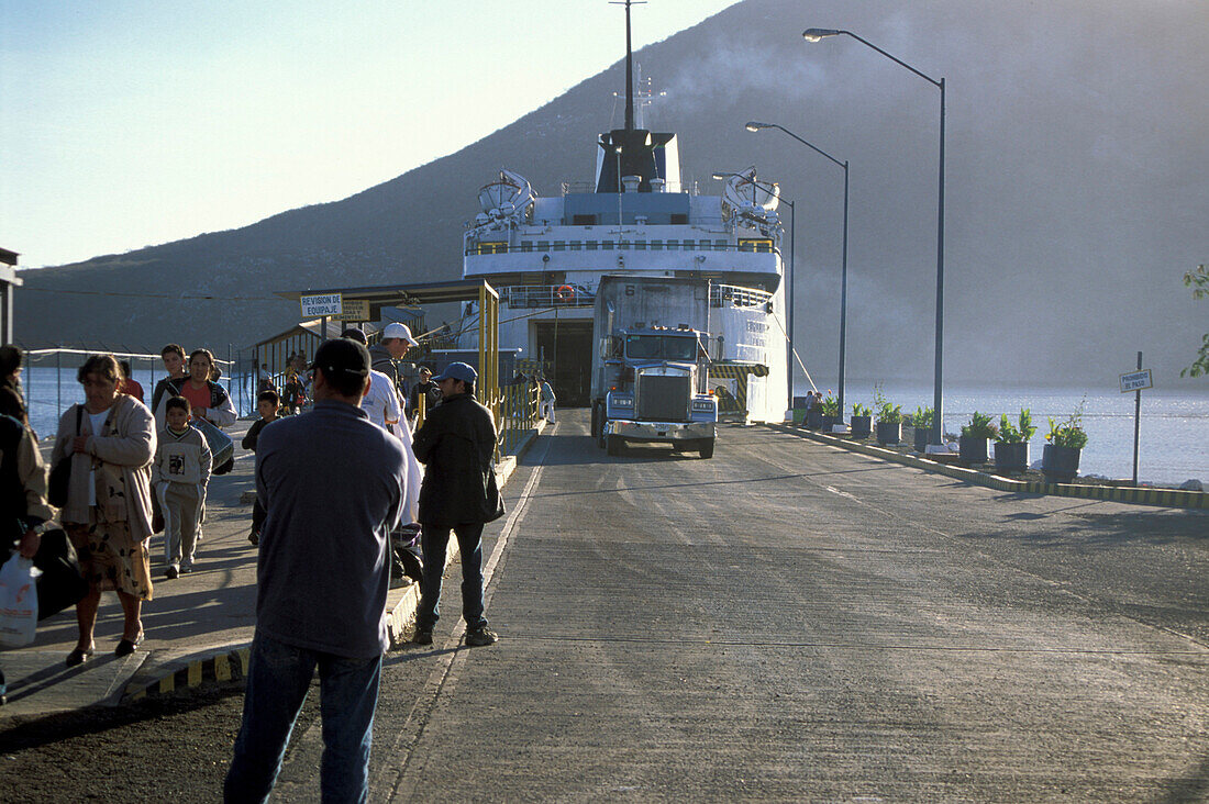 People in front of the ferry at Topolobampo, Sonora, Mexico, America