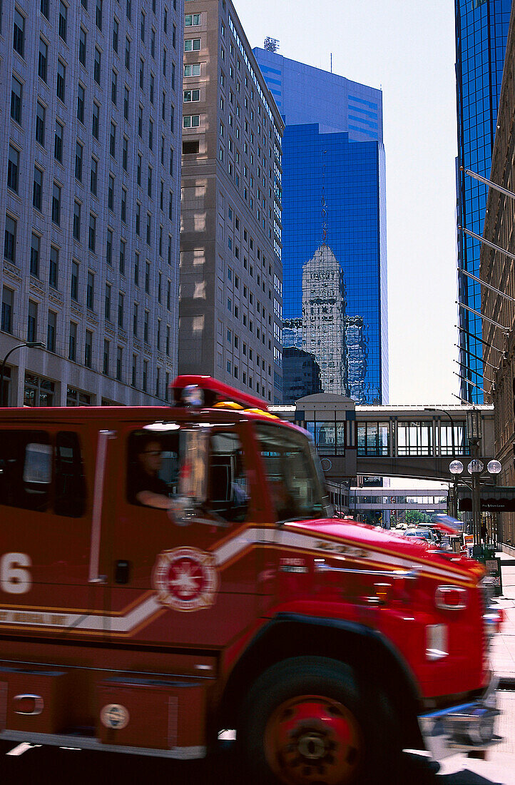 Fire engine and high rise buildings, Twin Cities, Minneapolis, Minnesota USA, America