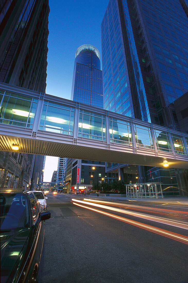 Street and high rise buildings at night, Twin Cities, Minneapolis, Minnesota USA, America
