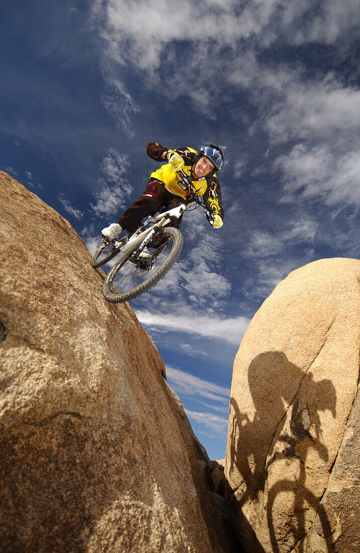 Man on a mountain bike riding over a rock, Gooseberry Trail, Zion National Park, Springdale, Utah, USA