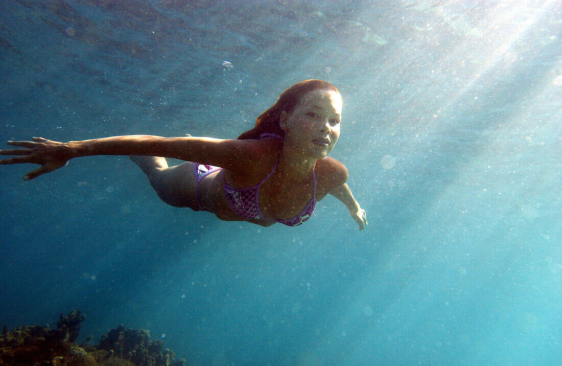 Frau schwimmt unterwasser, Freediving, Koh Tao, Thailand