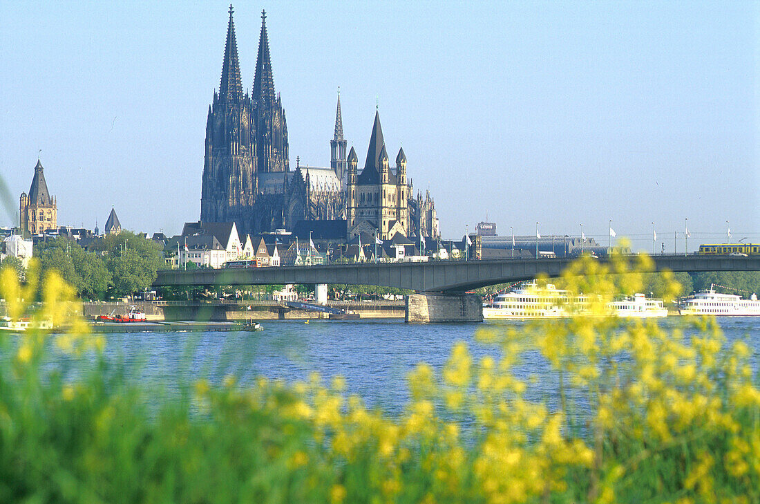 View at Cologne Cathedral and Deutzer bridge at the river Rhine, Cologne, North Rhine-Westphalia, Germany, Europe