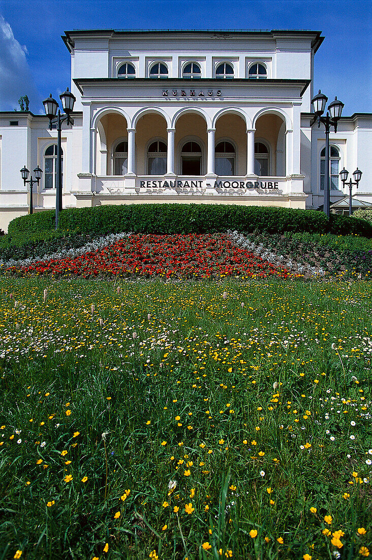 Flower meadow and flower bed in front of Spa hotel, Bad Schwalbach, Taunus, Hesse, Germany, Europe