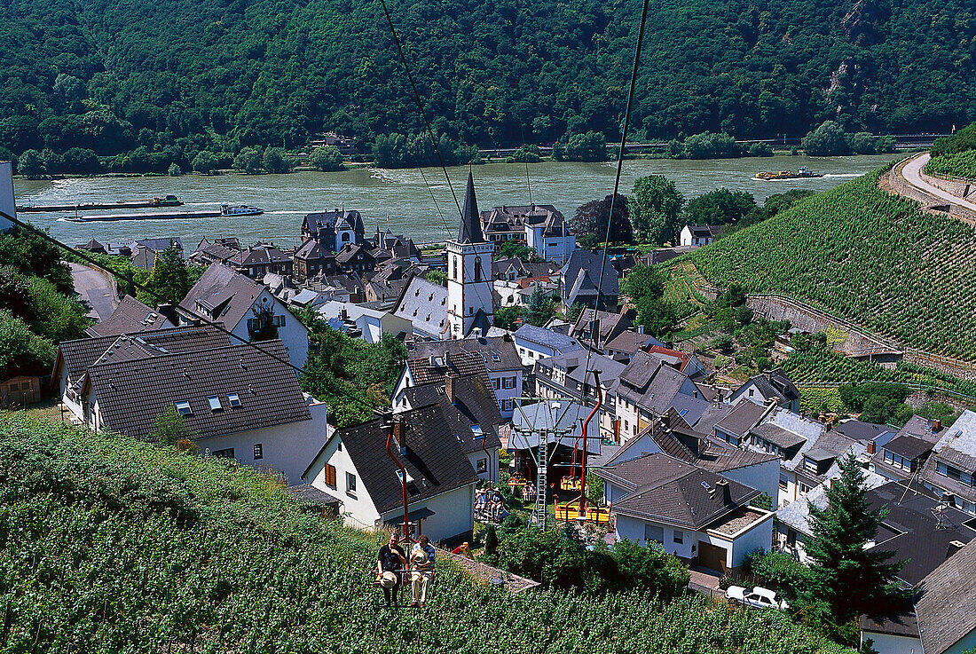High angle view at the town of Assmannshausen, Rheingau, Hesse, Germany, Europe