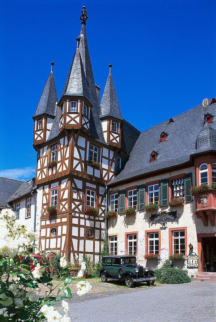 Siegfried's mechanical music cabinet under blue sky, Museum, Ruedesheim, Rheingau, Hesse, Germany, Europe