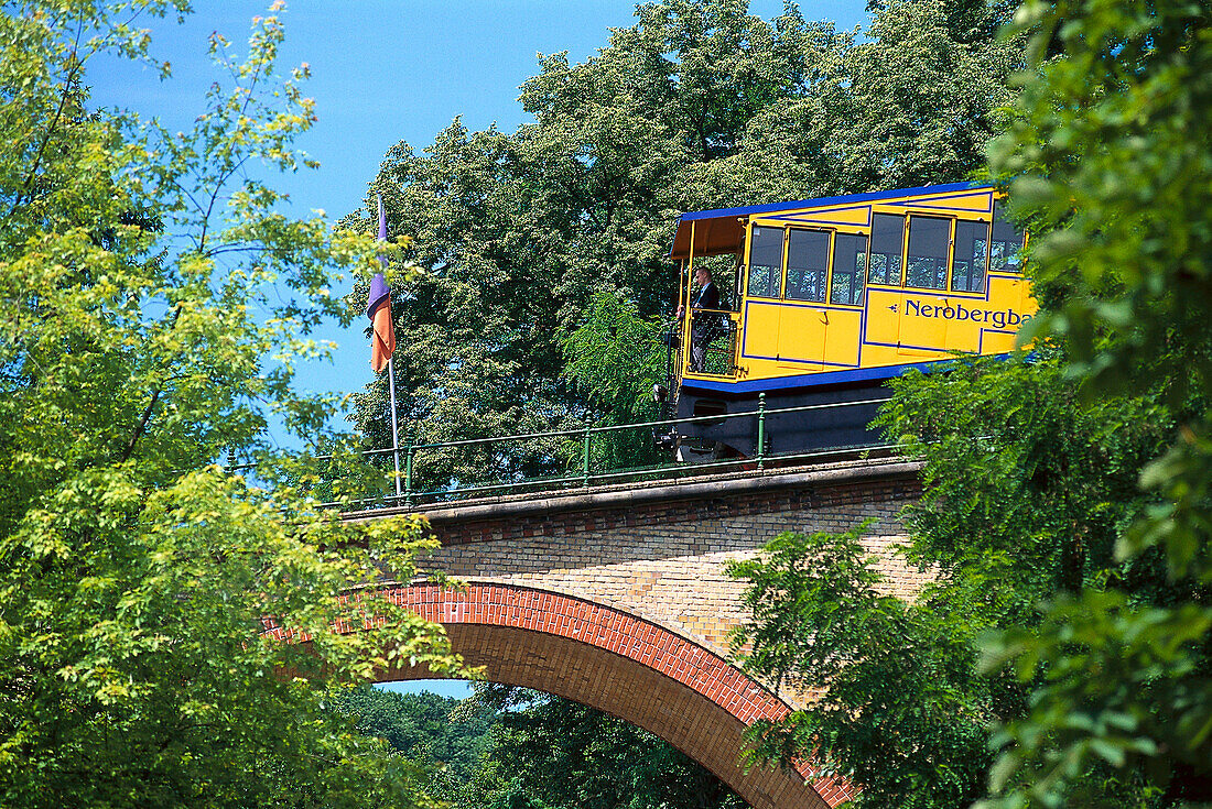 Car of Nerobergbahn on a bridge, Neroberg, Wiesbaden, Hesse, Germany, Europe