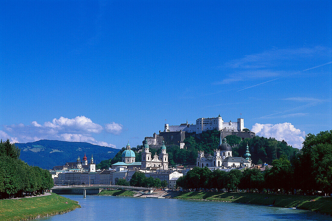 View at old town with cathedral and Fort Hohensalzburg at Salzach river, Salzburg, Salzburger Land, Austria, Europe