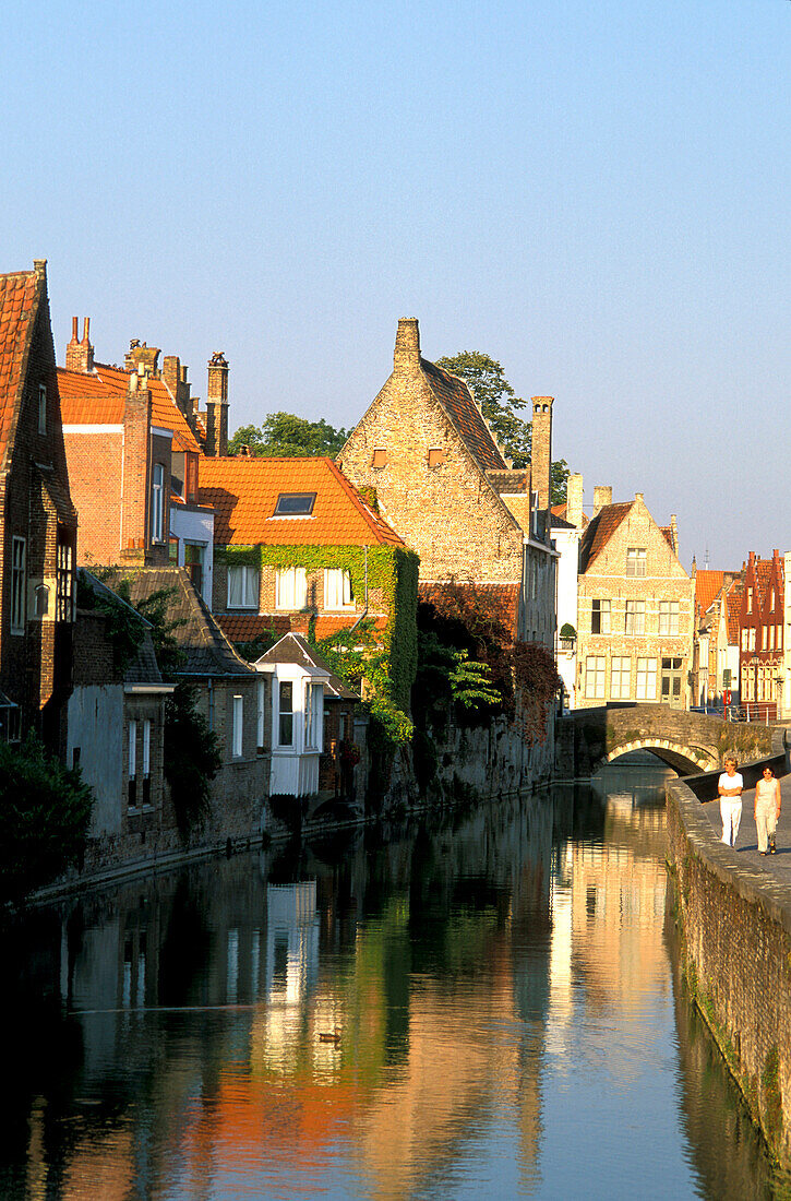 Residential houses at a canal, Bruges, Flanders, Belgium, Europe