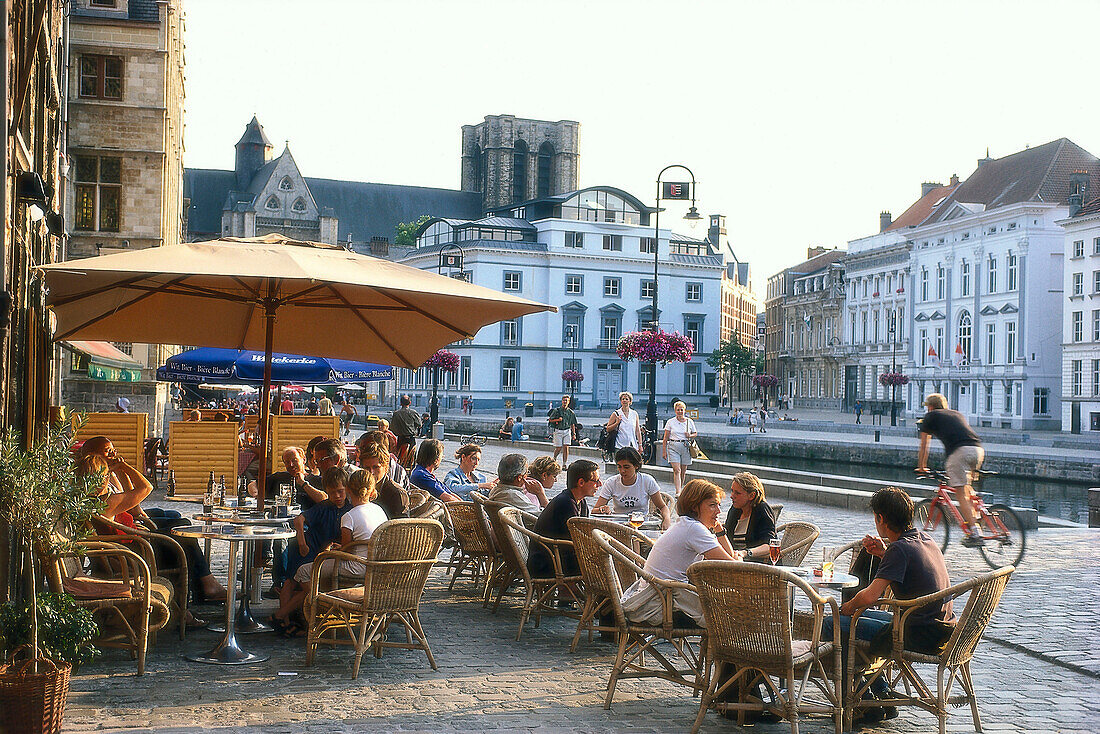 People in street cafes, Graslei, Gent, Flanders, Belgium, Europe