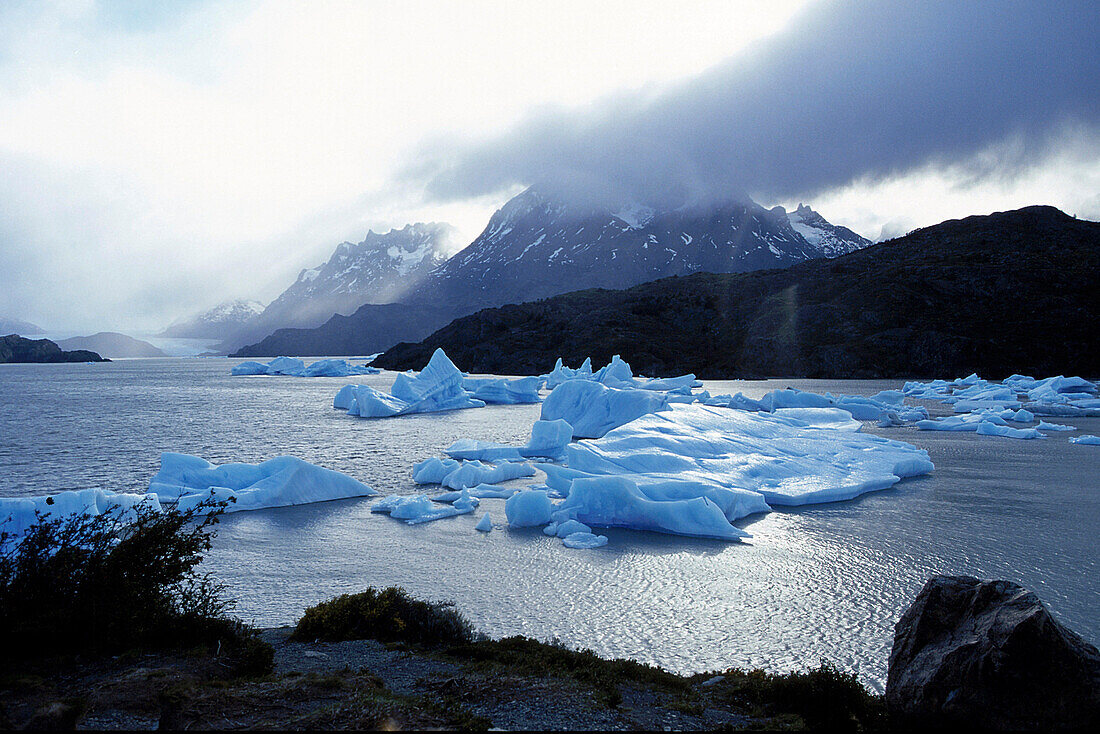 Ice shoals on a lake, Lago Grey, Torres del Paine, Patagonia, Chile, South America, America