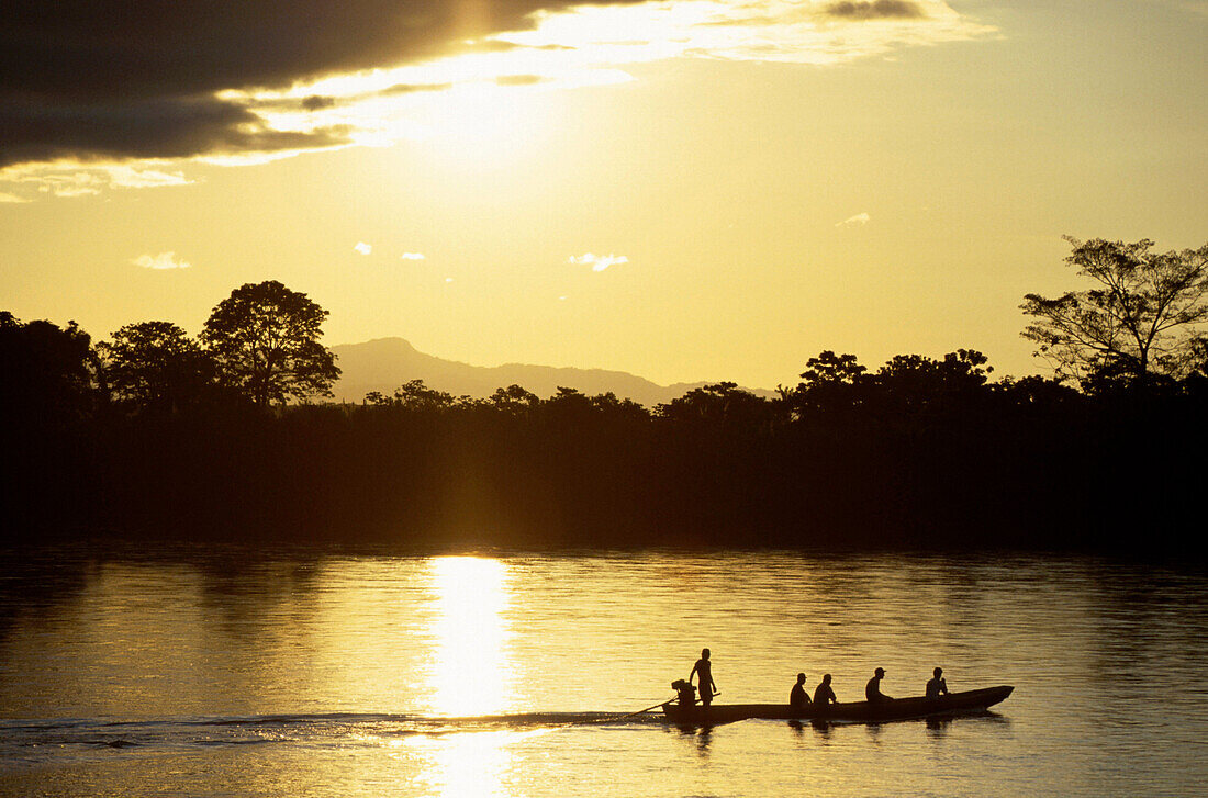 Boat on river Rio Beni at sunset, Rurrenabaque, Bolivia, South America, America