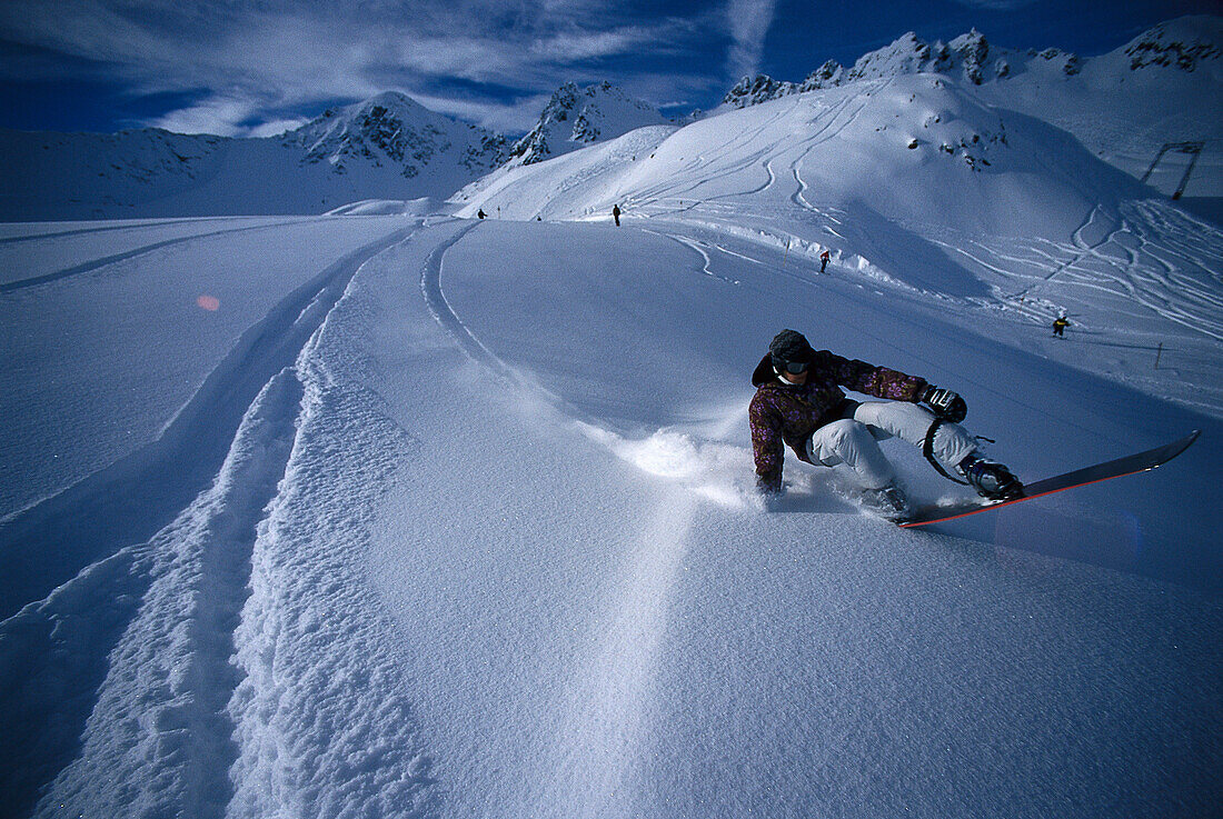 Snowboarder at descent, Kauner valley, Tyrol, Austria, Europe